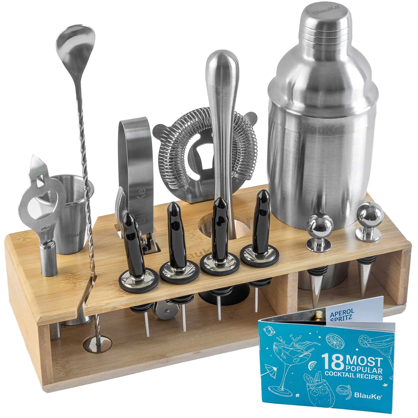 17 Piece-Stainless Steel Cocktail Shaker Set with Stand and Recipe Book