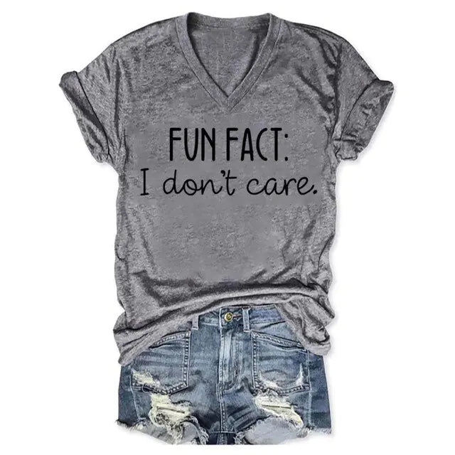 Barn & Bramble- Women's "Fun Fact: I Don't Care" V-neck Short Sleeve T-Shirt