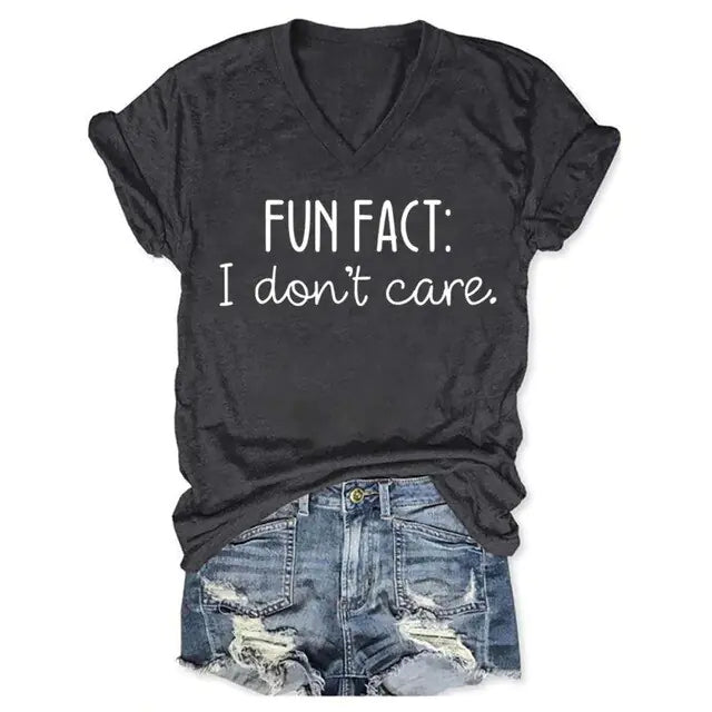 Barn & Bramble- Women's "Fun Fact: I Don't Care" V-neck Short Sleeve T-Shirt